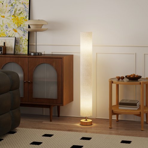 HOMCOM LED Floor Lamp for Living Room, 120cm Modern Standing Lamp with 3000K/4500K/6500K Colour Temperatures, Linen Shade and Wooden Base, Grey