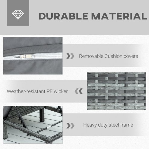 Outsunny Rattan Sun Lounger, 5-Level Adjustable Garden Lounger Recliner with Cushion and Headrest, Outdoor Reclining Sunbed, Steel Frame Garden Chair for Patio, Beach, Terrace, Dark Grey