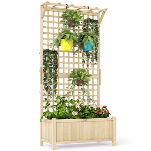 Outsunny Wood Planter with Trellis for Climbing Plants, Raised Bed, Planter Box with Drainage Holes to Grow Vegetables, Herbs and Flowers for Garden, Patio, Yard, Natural Wood Finish