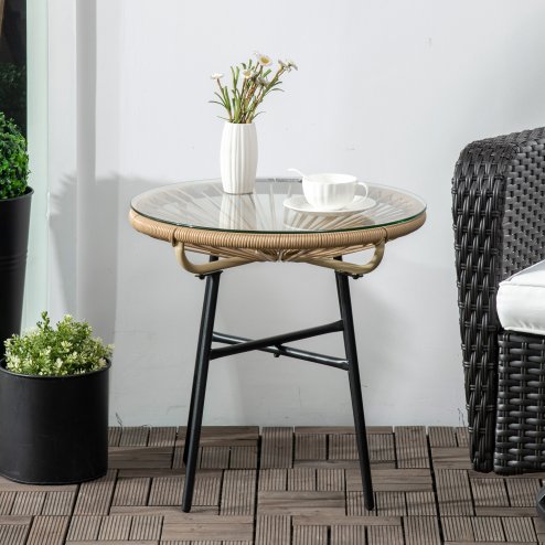 Outsunny Rattan Side Table, Round Outdoor Coffee Table, with Round PE Rattan and Tempered Glass Tabletop for Patio, Garden, Balcony, Beige