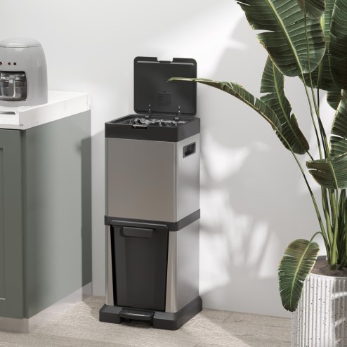 HOMCOM Dual Kitchen Bin, 20+14L Double Bin for Recycling and Waste, Stainless Steel Vertical Pedal Bin with Tilt Out Bin, Soft-Close Lid, Removable Inner Buckets and Handles, Silver