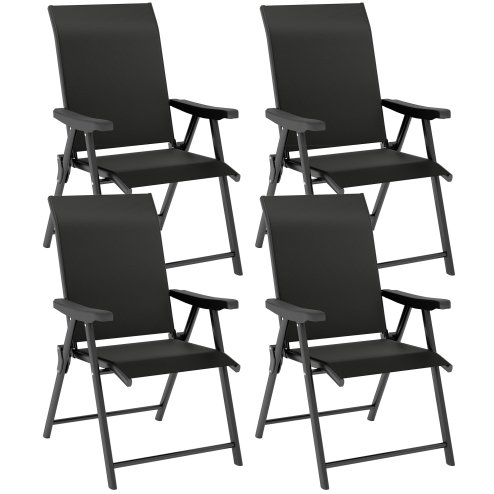 Outsunny Set of 4 Folding Chair, Garden Chair Set with Breathable Mesh Back and Seat, Outdoor Camping Chairs with Armrests, Steel Frame for Deck Balcony, Black