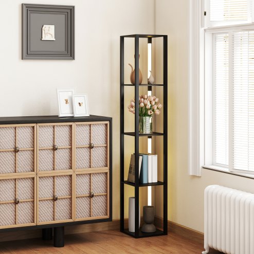 HOMCOM LED Floor Lamp with Shelves, 4 Layers Dimmable Modern Standing Lamp with 3 Brightness Levels and Foot Switch for Living Room, Bedroom, Office, Black