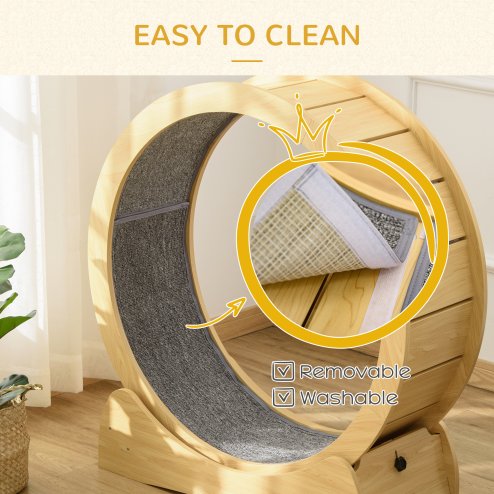 PawHut Cat Treadmill, Cat Exercise Wheel, 30 inch Kitten Running Wheel with Brake, Carpeted Runway for Exercise - Natural Wood Finish