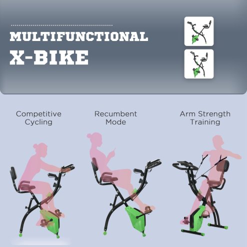 HOMCOM 2-in-1 Folding Exercise Bike, Foldable Stationary Bike with 8-Level Adjustable Magnetic Resistance, Arm Resistance Band, Pulse Sensor and LCD Monitor, Green