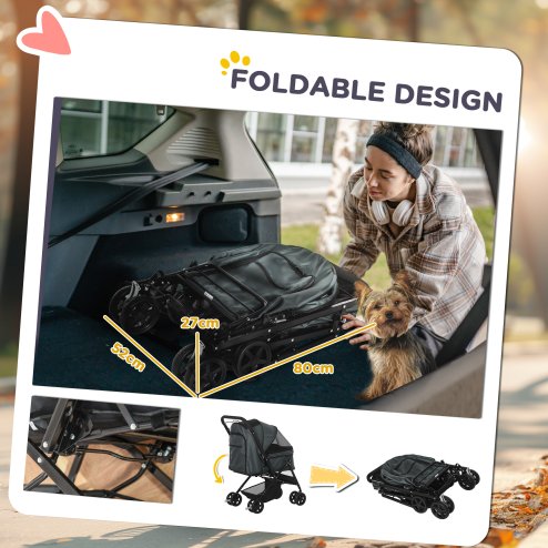 PawHut Dog Stroller, Pet Stroller, Foldable Dog Cat Travel Pushchair with Reversible Handle, EVA Wheels, Brake, Basket, Adjustable Canopy, Safety Leash, for Small Dogs, Grey
