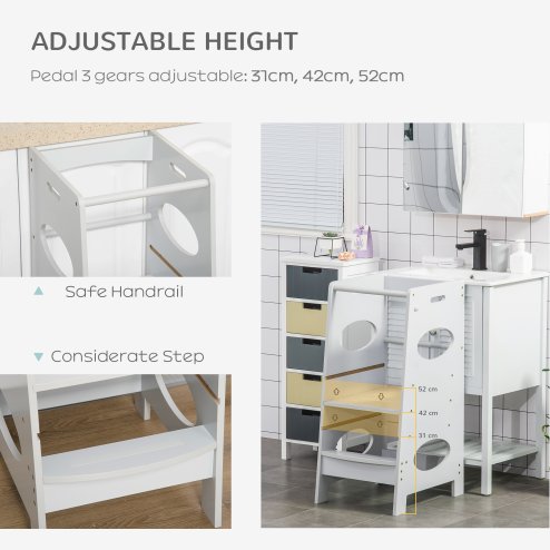 HOMCOM Toddler Step Stool Kids Adjustable Standing Tower with Safety Rail for Kitchen Counter Grey