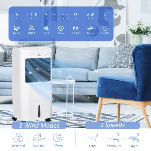 HOMCOM Portable Air Cooler with 15 Litre Water Tank, Oscillation, LED Display, Remote Control, 7.5 Hour Timer, Evaporative Air Cooler Fan with 3 Speeds, 3 Modes, Ice Packs, for Home Office