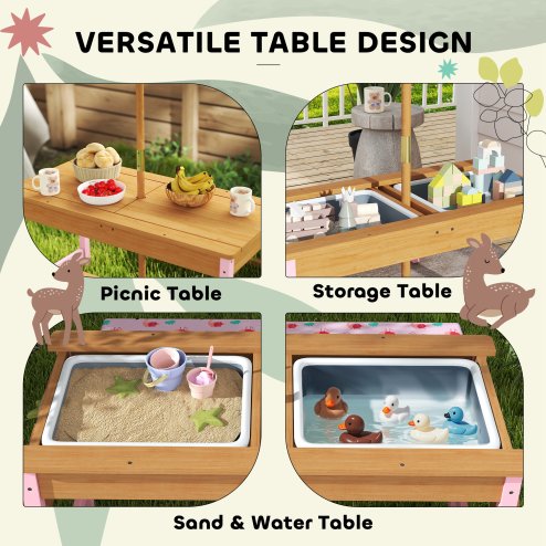 AIYAPLAY Kids Picnic Table, Wooden Children Garden Table and Bench Set with Removable & Foldable Umbrella, Cushions, Storage Boxes, Flamingo Theme Outdoor Furniture for Boys Girls, Pink