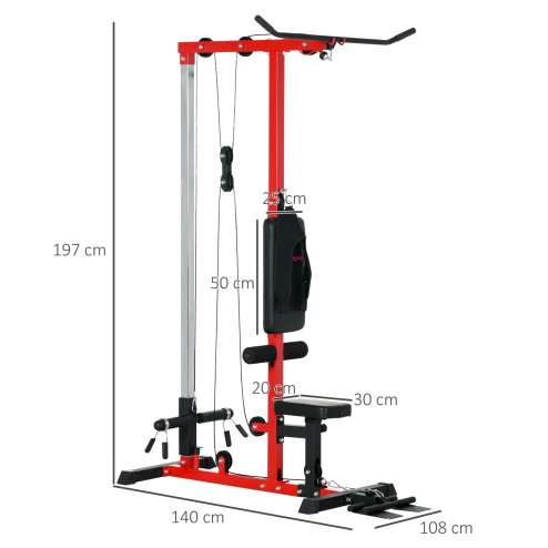 SPORTNOW Lat Pull Down Machine with Adjustable Seat, High and Low Pulley Cable Machine with Flip-Up Footplate, Multi-Function Home Gym Fitness Equipment - Red
