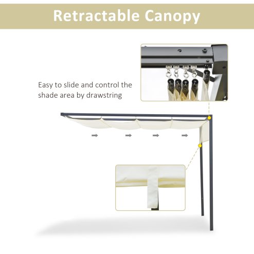 Outsunny 3 x 3(m) Outdoor Lean To Pergola Retractable Canopy Wall Mounted Gazebo Patio Shelter Sun Shade, Cream White