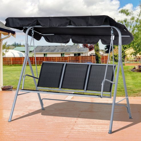 Outsunny 3 Seater Swing Chair, Garden Swing Bench with Adjustable Tilting Canopy, Breathable Mesh Seat and Heavy Duty Metal Frame for Patio, Yard, Black