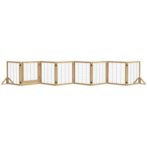 PawHut Freestanding Pet Gate, 8 Panels Dog Playpen, Foldable Dog Barrier with 2 Pcs Support Feet, for House, Doorway, Stairs, Small and Medium Dogs - Natural Wood