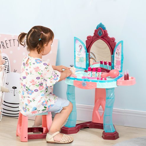 AIYAPLAY 31 Pieces Kids Dressing Table Set with Magical Princess Mirror, Music Lights, Makeup Accessories, Hair Dryer, Chair, Drawer for Ages 3-6 Years