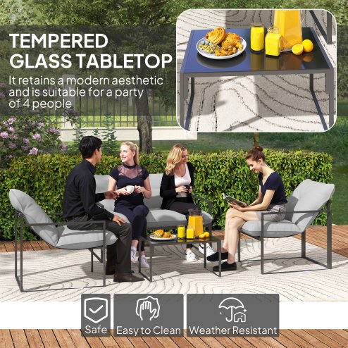 Outsunny 4 Piece Garden Sofa Set, 2 Single Armchair, Loveseat and Coffee Table Set with Steel Frame, Outdoor Furniture with Thick Cushions, Light Grey