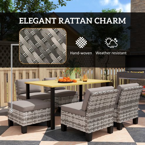 Outsunny 7-Piece Rattan Garden Dining Set, 6 Seater Wicker Garden Furniture Set with Seat and Back Cushions, Umbrella Hole, Patio Table and Chairs with Slatted Metal Top Table for Balcony, Grey