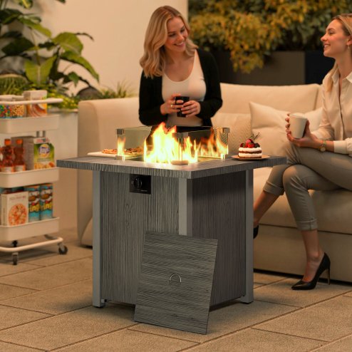 Outsunny Propane Gas Fire Pit Table for Garden, 40000 BTU Smokeless Firepit Outdoor Heater with Waterproof Cover, Glass Screen, Glass Beads and Lid, Wood Effect, 71 x 71 x 62.5cm, Dark Grey