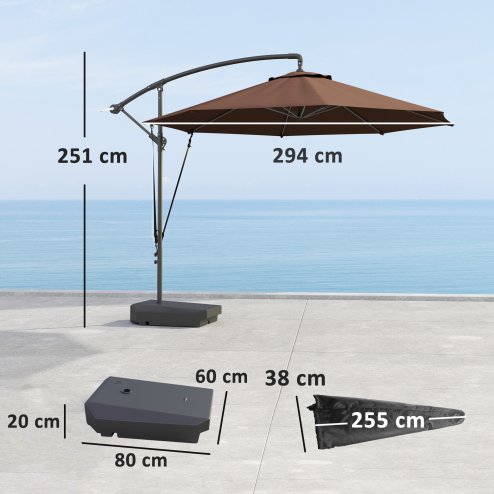 Outsunny 3(m) Garden Cantilever Parasol with Fillable Base up to 90kg, Wind Protection Strap, Cover, Round Banana Hanging Umbrella with Crank Handle and Tilt, UPF50+ Patio Umbrella, Brown