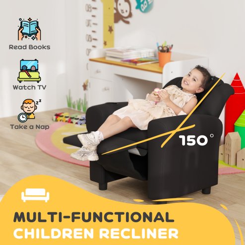 HOMCOM Kids Recliner, PU Leather Kids Armchair, Child Chair, Toddler Armchair with Adjustable Backrest, Footrest, Padded Headrest, Cup Holder, Black