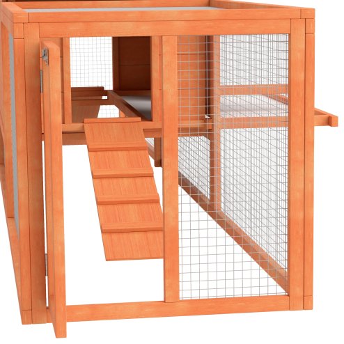 PawHut Rabbit Hutch Run, Guinea Pig Hutch Wooden Bunny House with Tray, Ramps, Asphalt Roof, for Garden, Yard, 309 x 70 x 87cm, Orange