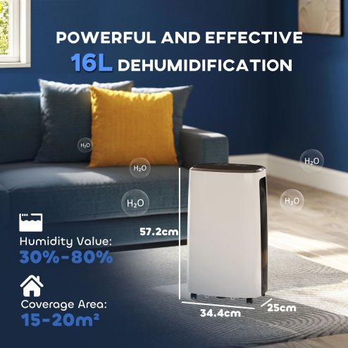 HOMCOM 16L/Day Dehumidifier with 3.7L Water Tank, 24H Timer On/Off, Digital Humidity Display, Dehumidifier for Home Damp, Bedroom, Condensation, Mould, Laundry Drying, White