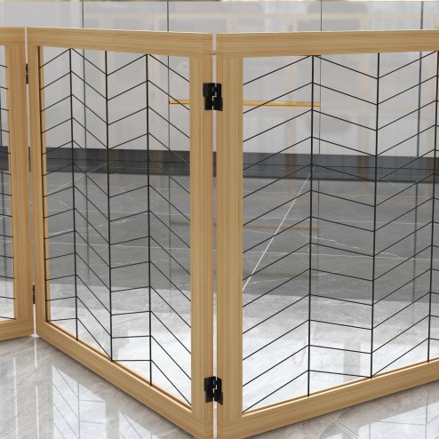 PawHut Freestanding Pet Gate, 8 Panels Dog Playpen, Foldable Dog Barrier with 2 Pcs Support Feet, for House, Doorway, Stairs, Small and Medium Dogs - Natural Wood