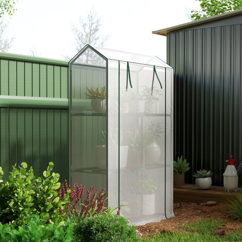 Outsunny 3 Tier Mini Greenhouse with Reinforced PE Cover, Portable Small Greenhouse with Roll-Up Door, 100 x 40 x 150cm, White