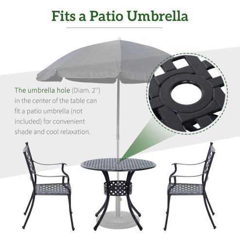Outsunny 85cm Round Garden Dining Table with 46.5mm Dia. Umbrella Hole, Cast Aluminium Outdoor Dining Table, Grid Motif Outdoor Table for Garden, Patio, Porch, Black