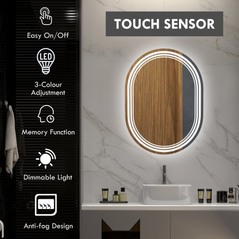 kleankin Bathroom Mirror with LED Lights, 70 x 50cm Dimmable Makeup Mirror with 3 Colour Light, Anti-fog, Memory Function, Touch Switch, Vertical or Horizontal Mounted