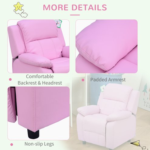 HOMCOM Kids Sofa Armchair Toddler Recliner Children's Chair Lounger Games Chair  PU Leather w/ Storage  (Pink)