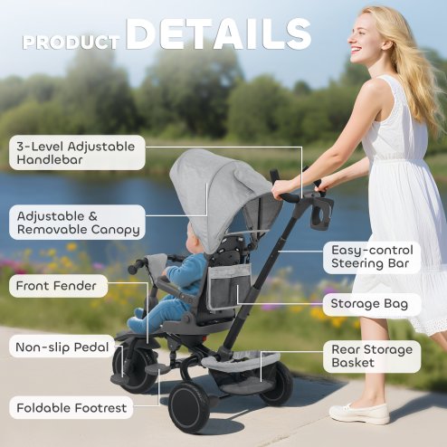 AIYAPLAY Kids Trike, 6 in 1 Toddler Tricycle with Adjustable Parent Handle & Canopy, Convertible Seat, for Ages 1-5 Years, Foldable Baby Trike with Safety Harness, Storage Basket & Bag, Grey