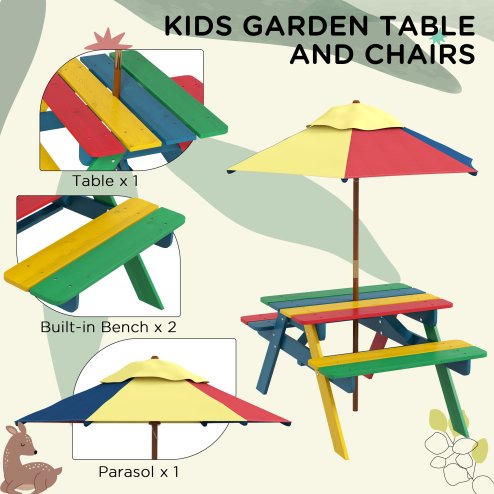 Outsunny Kids Picnic Table Wooden Garden Furniture Bench with Removable Umbrella Outdoor, for Ages 3-6 Years - Multicoloured