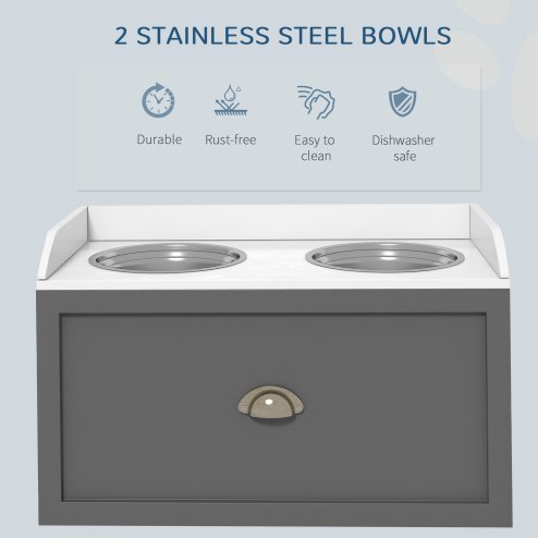 PawHut Stainless Steel Raised Dog Bowls, Double Dog Food and Water Bowl w/ 21L Storage Drawer, for Large Dogs - Grey