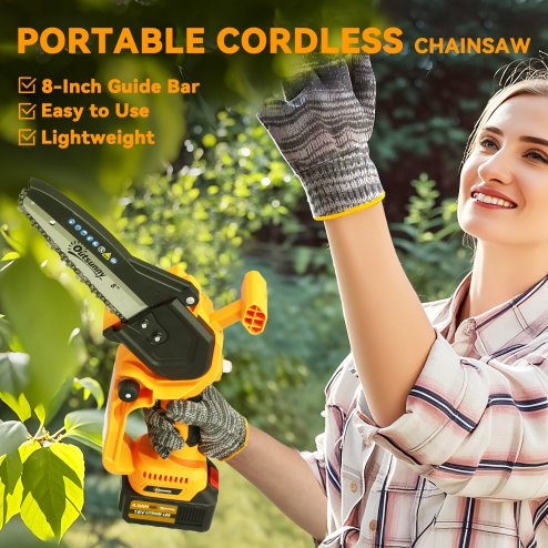 Outsunny 8 Inch Electric Chainsaw, Cordless Mini Chain Saw with Brushless Motor, 2 x 4000mAh Batteries and Safety Lock, Handheld Portable Wood Pruning Saw for Trimming Cutting, Orange