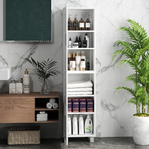 HOMCOM Tall Bathroom Cabinet, Freestanding Bathroom Storage Cabinet with Adjustable Shelves and Double Doors