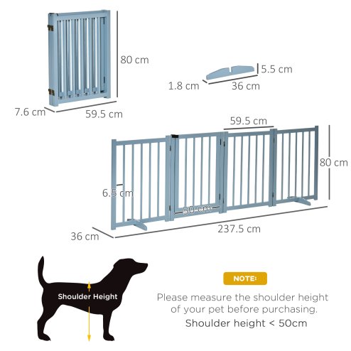 PawHut Wooden Dog Gate, Dog Fence Indoor, 80 cm Tall Freestanding Pet Gate for Small and Medium Dogs with 4 Panels, 2 Support Feet, Blue-Grey