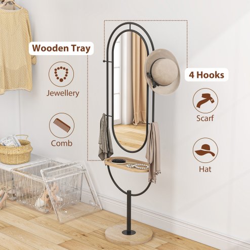 HOMCOM Full Length Mirror, Oval Free Standing Mirror with Wooden Tray, 4 Hooks and Metal Frame for Living Room, Bedroom, Cloakroom, Black