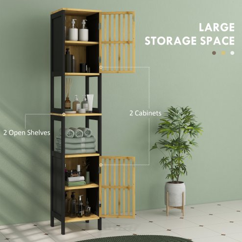 HOMCOM Tall Bathroom Storage Cabinet, Slim Bamboo Bathroom Cabinet with 2 Open Compartments, 2 Slatted Doors and Adjustable Shelves