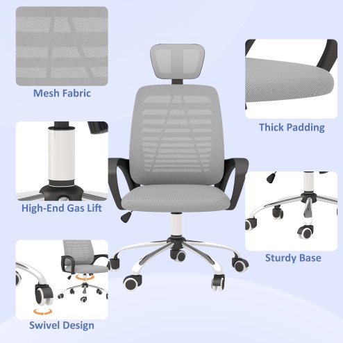 Vinsetto Mesh Office Chair, Ergonomic Computer Desk Chair with Adjustable Headrest, Lumbar Back Support, Armrest, Adjustable Height, Swivel Wheels, Grey