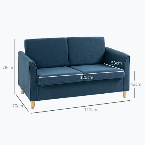 HOMCOM 2 Seater Sofa, Compact Loveseat, Linen Upholstered Couch with Wood Legs and Armrest, Small Sofa for Living Room and Home Office