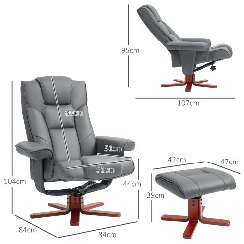 HOMCOM Recliner Chair with Footstool, PU Leather Upholstered Armchair with Adjustable Backrest, Leisure Lounge Chair for Living Room, Bedroom, Grey