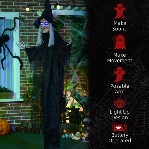 HOMCOM 6ft Outdoor Halloween Decoration Witch, Standing Witch Prop Life Size with Sound and Motion Activated, Light Up Eyes, Talking Sound, Posable Arms