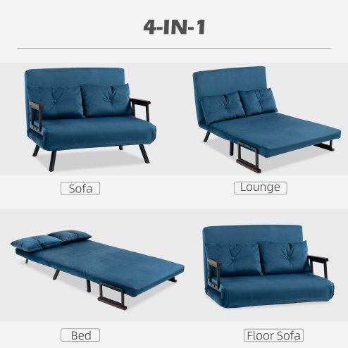 HOMCOM 2 Seater Sofa Bed, Click Clack Convertible Bed Settee, Modern Velvet Feel Fabric Sofa Couch with 2 Tufted Cushions, Wood Armrests for Living Room, Bedroom, Guest Room, Navy Blue