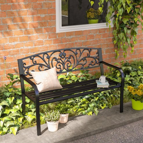 Outsunny Garden Bench, 2 Seater Metal Outdoor Bench Seat, Patio Loveseat with Armrests, Floral Backrest and Slatted Seat, 240 KG Capacity for Park, Porch, Black