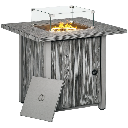 Outsunny Propane Gas Fire Pit Table for Garden, 40000 BTU Smokeless Firepit Outdoor Patio Heater with Waterproof Cover, Glass Screen, Glass Beads and Lid, Wood Effect, 71 x 71 x 62.5cm, Grey