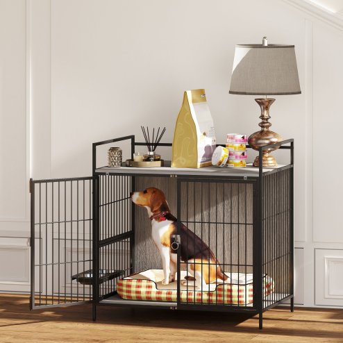 PawHut Dog Crate Furniture with 2 Rotatable Bowls, Dog Crate End Table with 2 Anti-Escape Doors, Storage Shelf, for Medium Dogs, 80 x 56 x 76.5 cm, Grey
