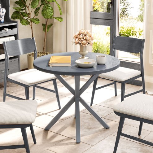 Outsunny Garden Table, 85cm Round Outdoor Dining Table with Steel Frame, Wood Effect Top, for Balcony, Deck, Dark Grey