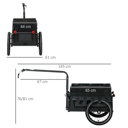 HOMCOM Bike Trailer, Bicycle Cargo Trailer Wagon Cart with 65L Foldable Storage Box, Pneumatic Tyres and Safe Reflectors, Max Load 40KG, Black