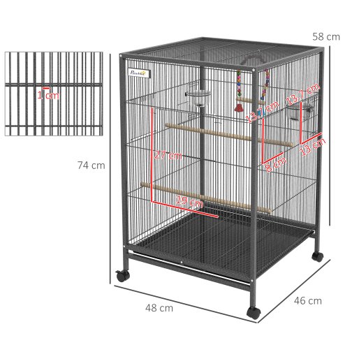 PawHut Bird Cage, Budgie Cage, Parrot Cage, with Rolling Stand, Stainless Steel Bowls, Swings, Removable Tray for Small Parrot, Budgie, Lovebird - Grey