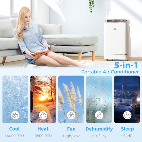 HOMCOM 14000 BTU Portable Air Conditioner, Smart Home WiFi Compatible, 5-in-1 Heater Dehumidifier Cooler Fan, with Sleep Mode, Remote, 24H Timer, Window Venting Kit, A Energy Efficiency, 35m², White